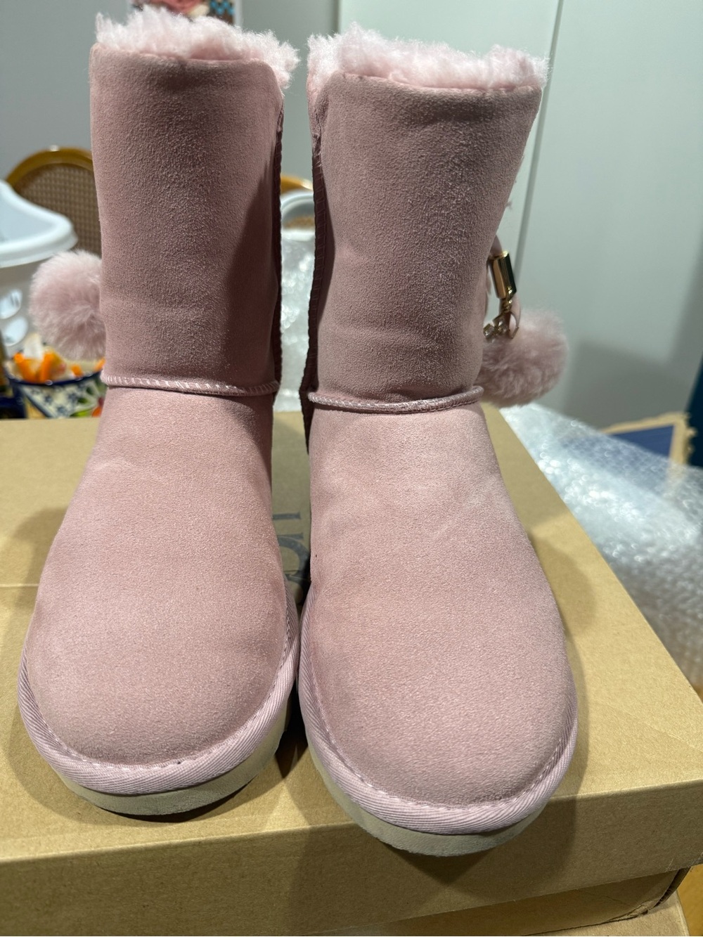 UGG Girls' Pink Faux-Suede Pom Pom Winter Boots